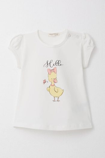 Girls' T-shirt with Decorative Bow and Duck Print in Ecru (Ages 1-3)