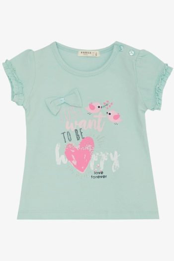 Girls' T-Shirt with Cute Bird Print and Heart in Aqua Green (Ages 1-4)