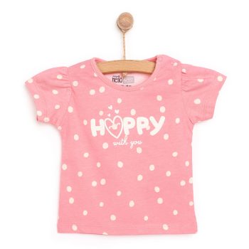 Girls' Basic T-Shirt Happy with Dots Round Neck Short Sleeve Dark Pink