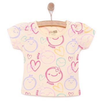 Baby Girl Basic T-Shirt with Smiley Face Pattern, Short Sleeve, Crew Neck, Light Yellow