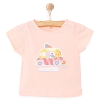 Baby Girl Basic T-Shirt with Ice Cream Cart Print, Crew Neck, Short Sleeve, Light Pink