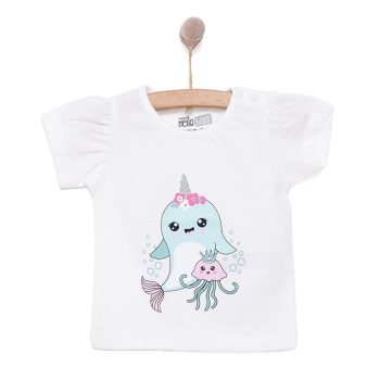 Baby Girl Basic Whale Print Short Sleeve Crew Neck T-Shirt Ecru
