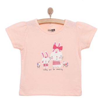 Baby Girl Basic T-Shirt with Rabbit Print, Short Sleeves, Round Neck, Salmon
