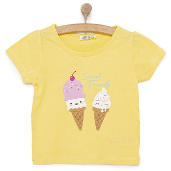 Girl's Basic T-Shirt with Ice Cream Print, Round Neck, Short Sleeve, Yellow
