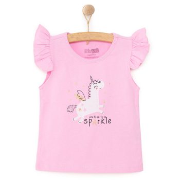 Girl's Basic T-shirt with Unicorn Print, Round Neck, Pink