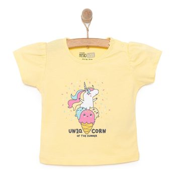 Girl’s Basic T-Shirt with Ice Cream-Unicorn Design, Yellow, Short Sleeve, Round Neck