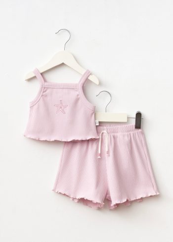 Girls' Cotton Pink Starfish Embroidered Crop Shorts Set - Ribbed Fabric