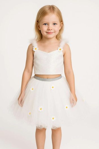 Girls' Tulle Daisy Appliqué Strappy Blouse and Skirt Set