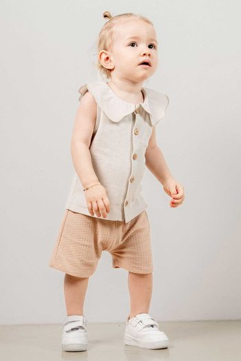 Bombe Baby Children's Gray Cotton 2-Piece Set with Shorts, First Me Top and Bottom Set Beige
