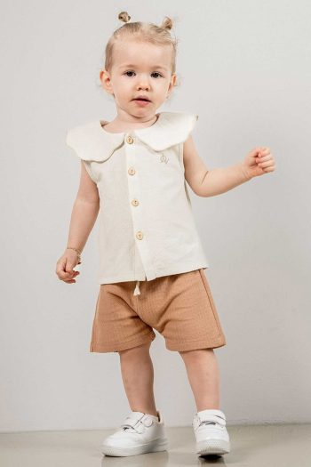 Bombe Baby Kids Beige Cotton Two-Piece Set with Shorts - İlk Ben Trend Fashion Top and Bottom Set