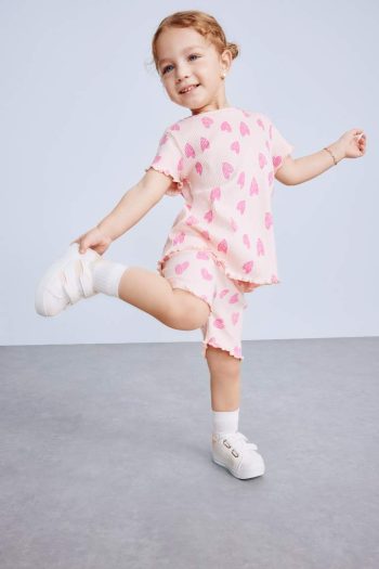 Girls' Baby 2-Piece Set with Patterned Ribbed Knit Short-Sleeve T-Shirt and Shorts
