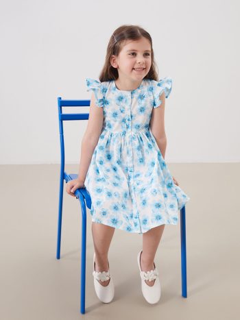 LCW Kids Blue Bicycle Neck Floral Girls Poplin Dress