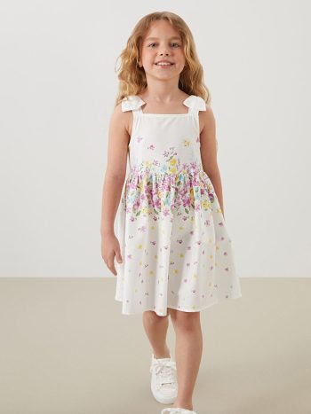 LCW Kids White Square Neck Floral Satin Girls' Dress