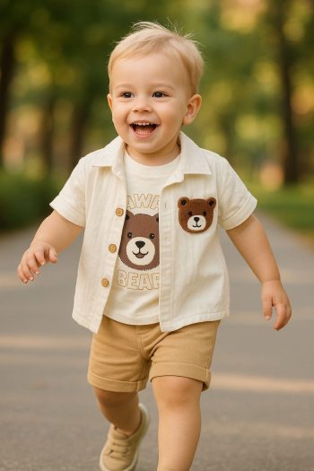 Three-Piece Set with Bear and Suspender T-Shirt for Baby Boys