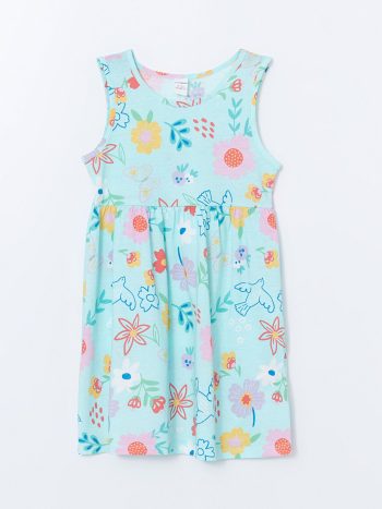 LCW Kids  Turquoise Bicycle Neck Printed Girls' Cotton Dress