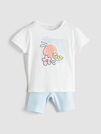 LCW Baby                                                                                        Off-White Printed Girl's Baby T-Shirt and Leggings Set 2-piece