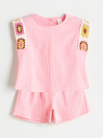 LCW Kids Pink Embroidered Girl's Blouse and Shorts Set 2 Pieces