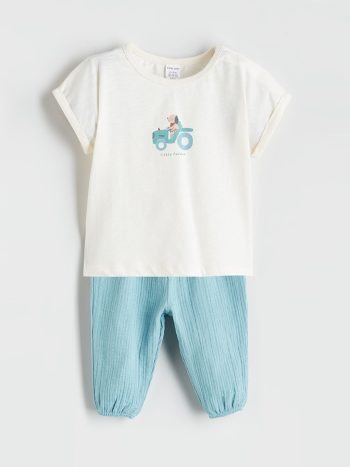 LCW Baby  Off-white Printed Baby Boy T-shirt and Pants Set - 2 Pieces
