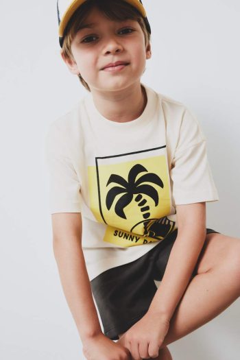 Boys' 2-Piece Set with Palm Tree Pattern Short Sleeve T-Shirt and Elastic Waist Shorts