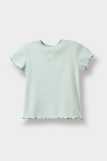 Girl's Regular Fit Floral Ribbed Short Sleeve T-Shirt with Crew Neck