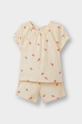 Baby Girl Pajama Set Floral Short Sleeve Ribbed Top Elastic Waist Shorts