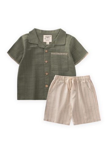 Handcrafted Detailed Shirt Set for Ages 2-10 in Green