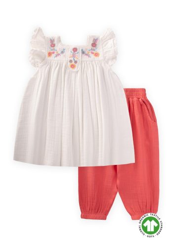 Embroidered Organic Muslin Outfit with Trousers for Ages 1-7 in Ecru