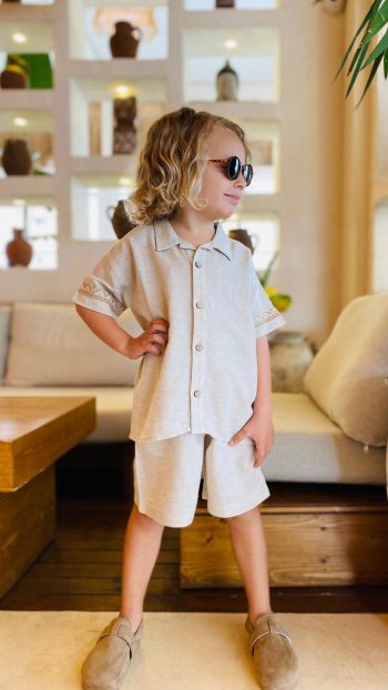 Embroidered Sleeve Shirt and Shorts Linen Set for Ages 2-7 Natural