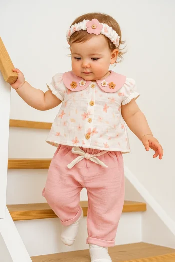 Flower-Embroidered Collar Muslin Three-Piece Set for Baby Girls