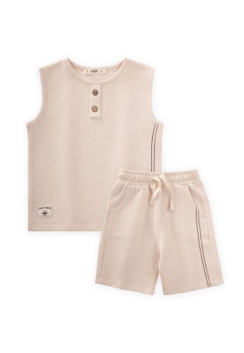 Stylish Line Detail Sleeveless Waffle Set for Ages 2-7 Beige