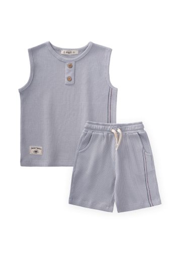 Stylish Line Detailed Sleeveless Waffle Set for Ages 2-7 in Gray
