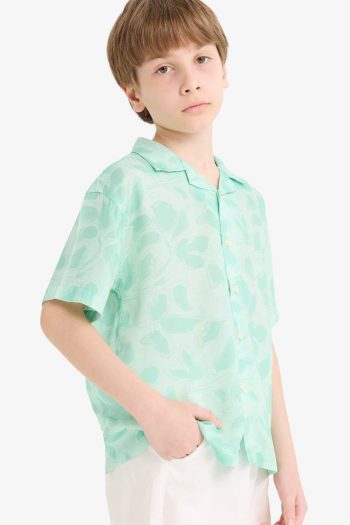 Boys' Oversized Loose Fit Polo Collar Patterned Viscose Short Sleeve Shirt