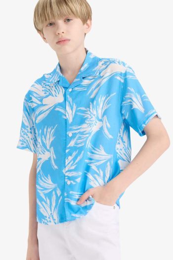 Boys' Oversized Loose Fit Polo Collar Patterned Viscose Short Sleeve Shirt