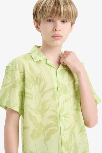 Boys' Oversized Loose Fit Polo Collar Patterned Viscose Short Sleeve Shirt
