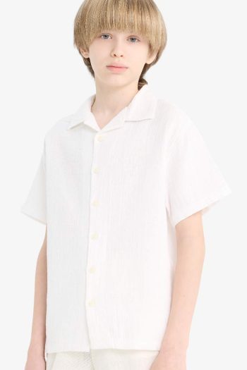 Boys' Oversized Loose Fit Polo Collar Muslin Short Sleeve Shirt