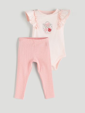 LCW Baby Pink Fruit Printed Girls' Baby Bodysuit and Leggings Set (2 Pieces)