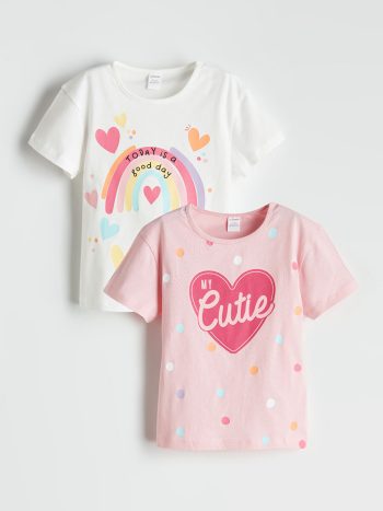 LCW Kids Ekru Printed Round Neck T-Shirt for Girls - Set of 2