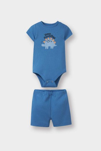 Boys' 2-Piece Set with Dinosaur Print, Short Sleeve Ribbed Bodysuit and Shorts