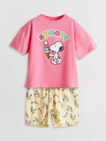 LC WAIKIKI  Pink Snoopy Print Short Pajama Set with T-Shirt for Girls