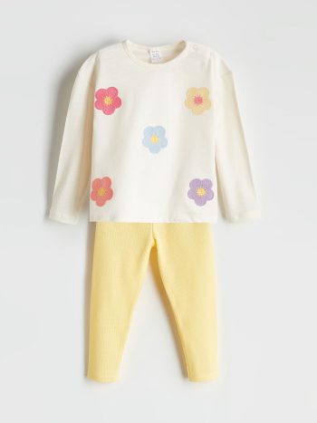 Beige Crew Neck Floral Baby Girl Blouse and Tights 2 Piece