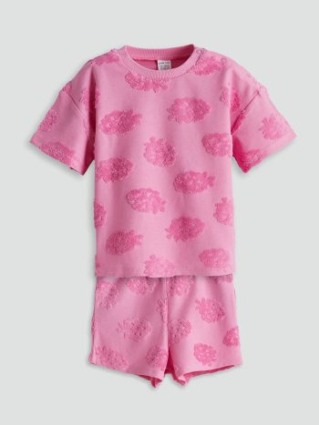 Pink Embossed Printed Baby Girl Blouse and Shorts 2 Pcs