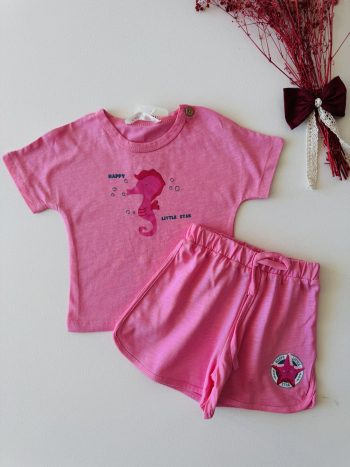 Embroidered Seahorse Print Silk Set - Pink