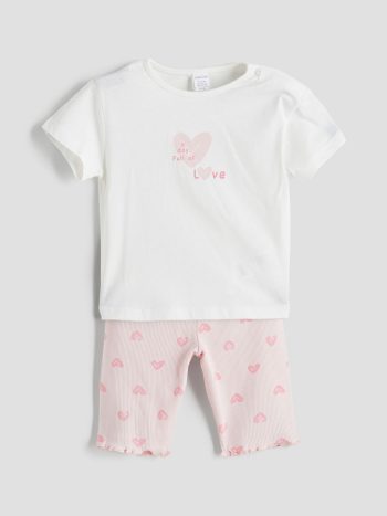 LCW Baby Ivory Heart Printed Girl's Baby T-Shirt and Shorts Set (2 Pieces)