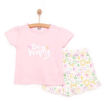 Baby Girl Basic T-Shirt and Shorts 2-Piece Set Be Happy Patterned Crew Neck Short Sleeves Light Pink