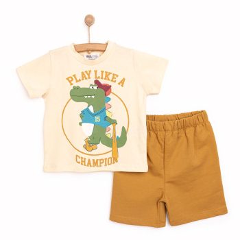 Boy's Basic T-Shirt-Short 2-Piece Set with Champion Dinosaur Print, Crew Neck, Raw Hem, Short Sleeves, Light Brown