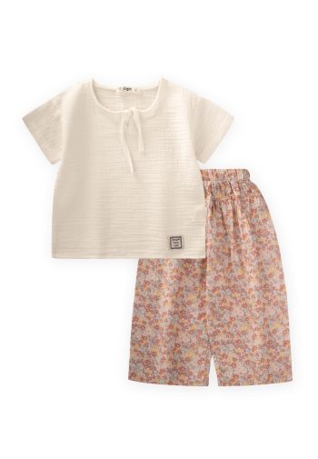 Muslin Set with Bol Pants for Ages 2-7, Ecru Floral Design