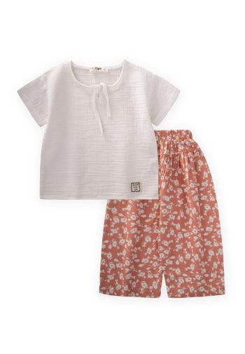 Cotton Muslin Set with Pants for Ages 2-7, White Patterned G. Kurusu