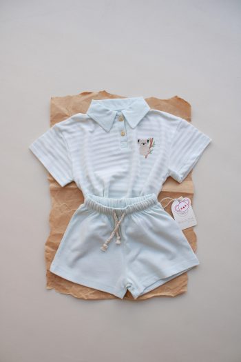 Blue Striped Koala Embroidered Polo Collar Short Set
