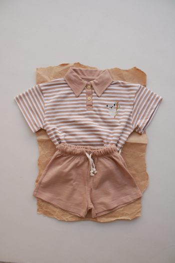 Taupe Stripe Embroidered Koala Polo Collar Shorts Set