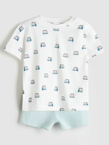 LCW Baby                                                                                         Cream Bicycle Neck Printed Boy Baby T-shirt and Shorts Set (2 Pieces)